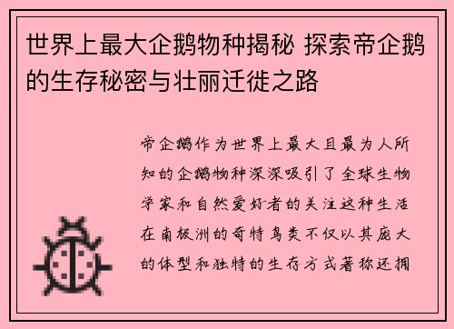 世界上最大企鹅物种揭秘 探索帝企鹅的生存秘密与壮丽迁徙之路