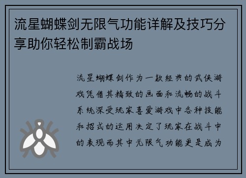 流星蝴蝶剑无限气功能详解及技巧分享助你轻松制霸战场