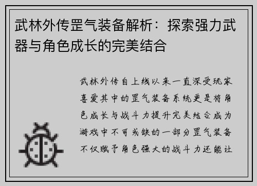 武林外传罡气装备解析：探索强力武器与角色成长的完美结合